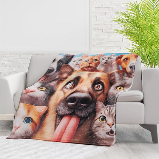 Dawhud Direct Selfie Dog and Cat Fleece Blanket - Soft Throw for Kids and Adults, Colorful Blanket with Dogs and Cats Taking a Selfie Print, Ideal for Beds, Couches, and Travel - 60.6 x 48.8 Inches