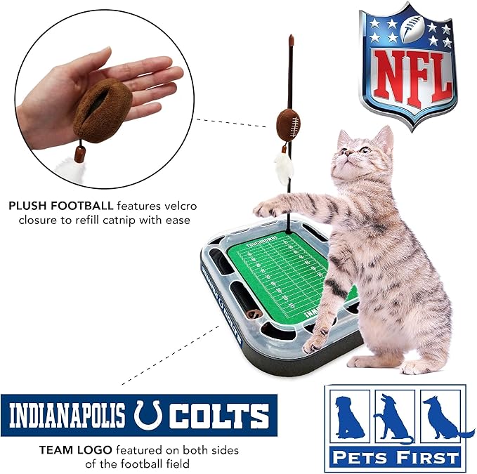 Cat Catnip Pets First NFL Indianapolis Colts Football Field CAT Scratcher Toy with Catnip Filled Plush Football Toy&Feather Cat Toy Hanging. Jingle Bell Interactive Ball Cat Chasing 5-in-1 Kitty Toy