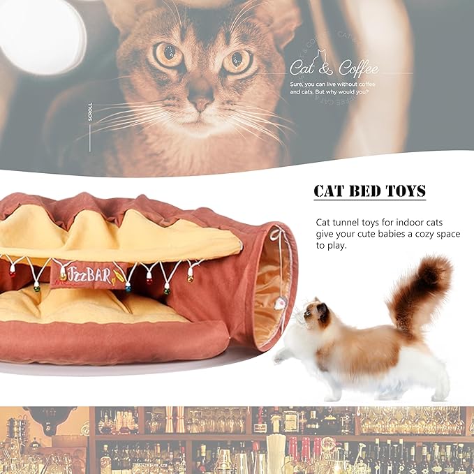Cat Tunnel Bed, 2-in-1 Cat Tunnel for Indoor Cats Collapsible Cat Tunnel Tubes Toys with Removable Mat for Pet Cats Kittens Puppies Rabbits Bunnies Ferrets (Bar)