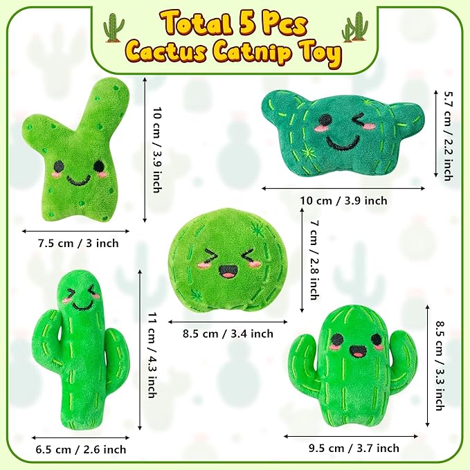 MALLMALL6 Catnip Toys for Cat - 5Pcs Cactus Prickly Plants Catmint Interactive Cat Toy for Indoor Cats, Soft Plush Green Cat Supplies, Kitten Teething Chew Toy Set, Cute Pet Gifts for Cat Lover