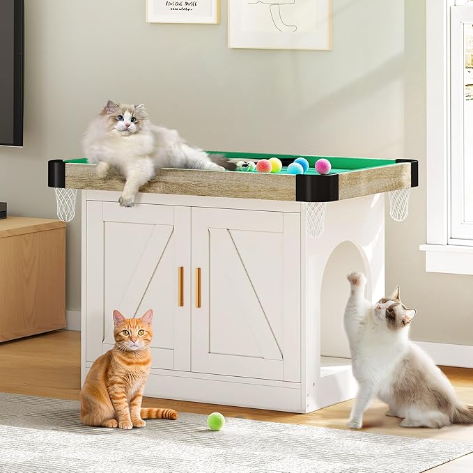 DWVO 4 in 1 Cat Toys Mini Pool Table for Cats, Litter Box Enclosure for Cat Pool Table Tower with Feather Wand Interactive Exercise Play Rest Beds & Litter Box Furniture, White, Medium
