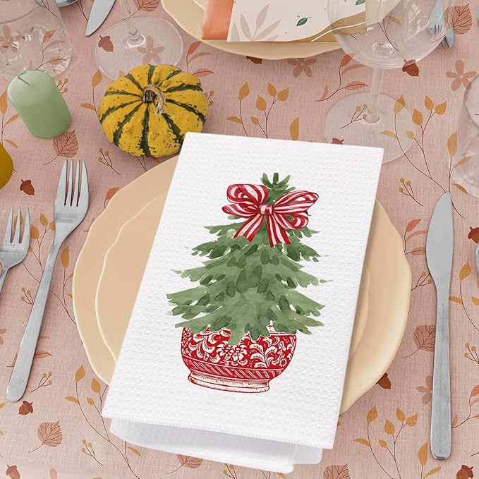 Chinoiserie Christmas Tree Kitchen Towels, Red Stripe Bow Decorative Hand Towels for Bathroom, Dish Towels for Kitchen and Bathroom Decor, 16x24 Inch