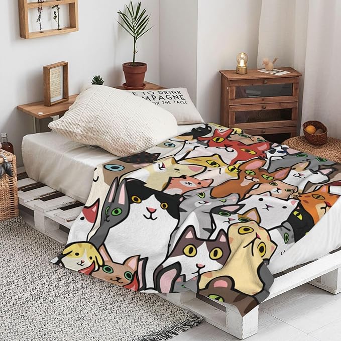 Cat Face Cute Animal Cartoon Blanket, Soft Blankets Flannel Bed Throw Cozy Lightweight Plush Gifts for Kids Boys Girls Women Men Sofa Couch Bedroom Living Rooms Warm All Season, Home Decor, 60"x50"