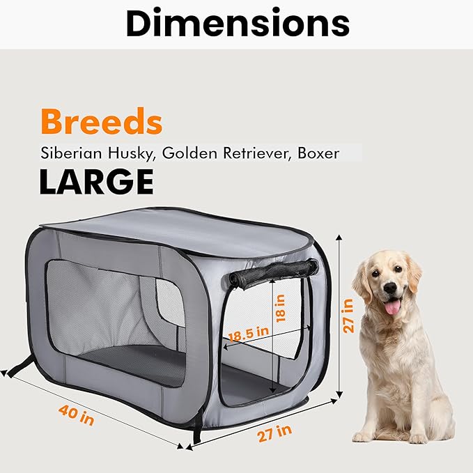 Beatrice Home Fashions Portable, Collapsible, Pop Up Kennel Travel Cat and Dog Crate, 40" L x 27" W x 27" H, Gray