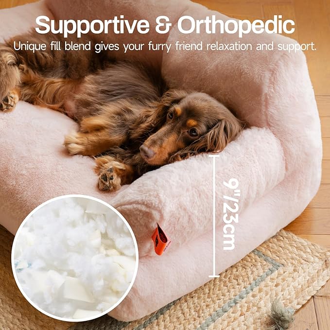 MEWOOFUN Pet Couch Bed, Washable Cat Beds for Medium Small Dogs & Cats up to 25 lbs, Dog Beds with Non-Slip Bottom, Fluffy Cat Couch, 26×19×13 Inch (Pink)