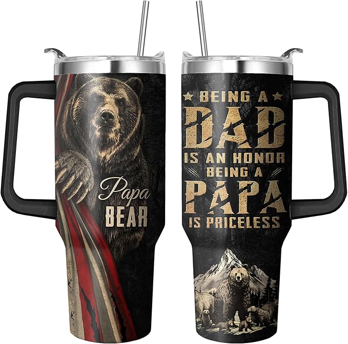 40 Oz Papa Bear Tumbler with Handle and Straw, Double Wall Stainless Steel Cup, 40 Oz Leak Proof Insulated Mug, Bear Gifts for Dad and Fathers Day Gift