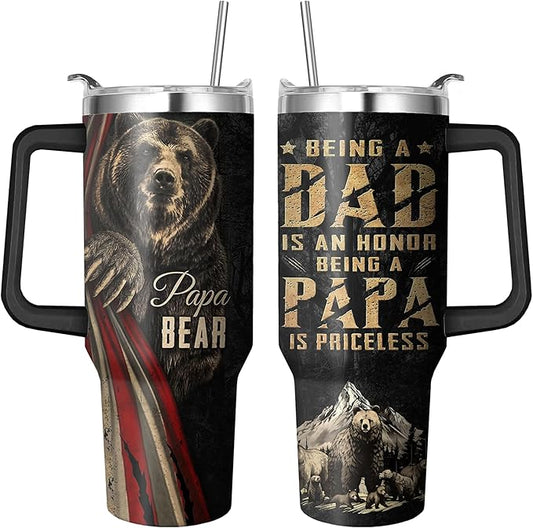 40 Oz Papa Bear Tumbler with Handle and Straw, Double Wall Stainless Steel Cup, 40 Oz Leak Proof Insulated Mug, Bear Gifts for Dad and Fathers Day Gift