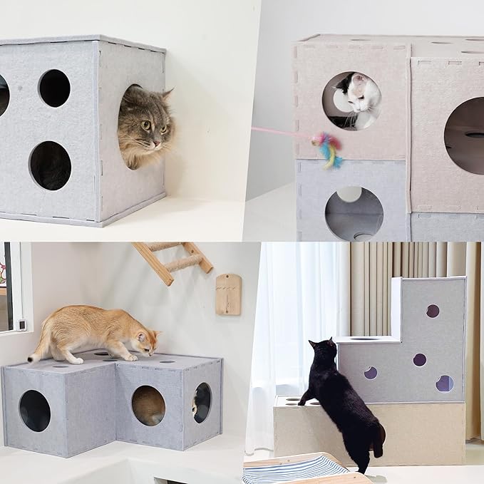 Meeyoview Cat Tunnel, Felt Cat Tunnels for Indoor Cats, Peekaboo Cat Hideaway Cave, L-Shape Cat Tunnel Bed, Interactive Cat Cube Toys for Small Medium Large Cats