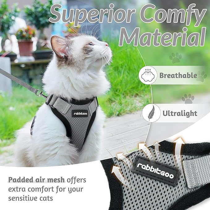 rabbitgoo Cat Harness and Leash for Walking, Escape Proof Soft Adjustable Vest Harnesses for Cats, Easy Control Breathable Reflective Strips Jacket, Grey, XXS