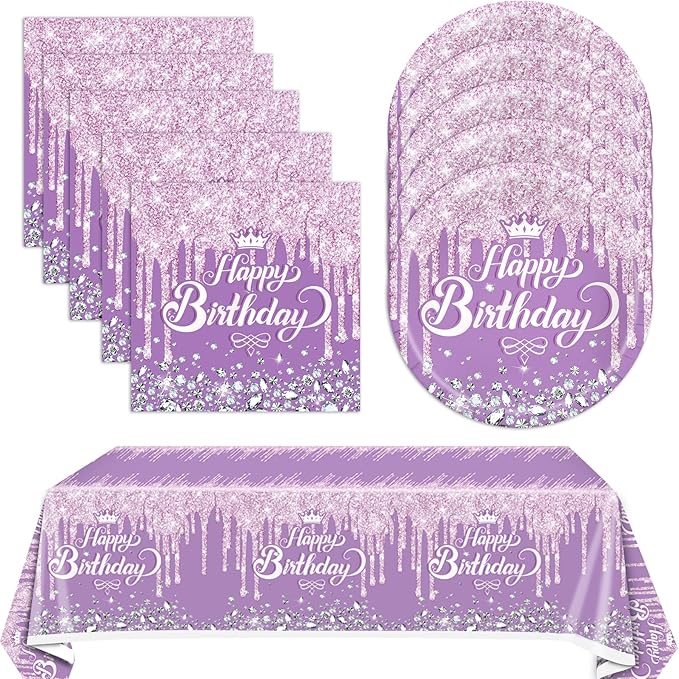 41Pcs Purple Birthday Tableware Set for Happy Birthday Table Decorations Purple Theme Birthday Dessert Plates Napkins Tablecloths for 20 Guests Girls Women Silver Glitter Birthday Party Supplies