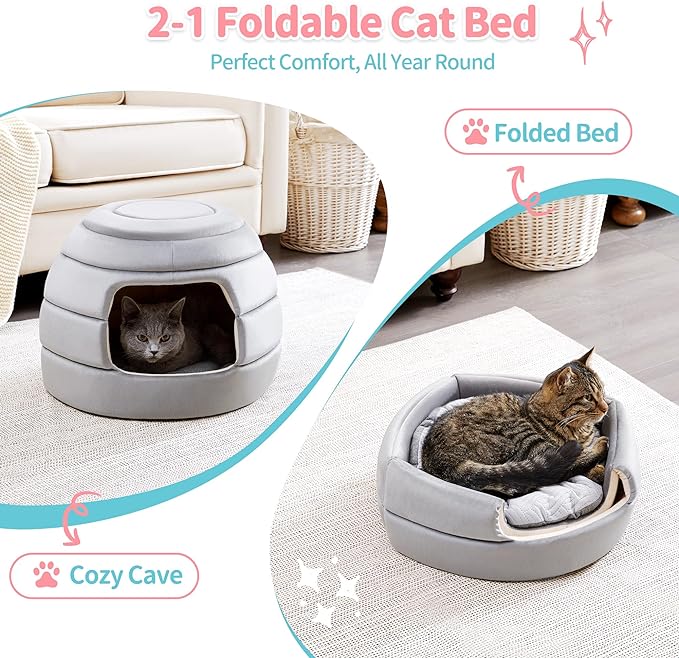 Made4Pets Cat Bed and House, 2-in-1 Foldable Cat Houses for Indoor Cats, Soft Velvet Cat Cave, Removable and Washable Cushion, Cat Condo for All-Season Comfort and Style