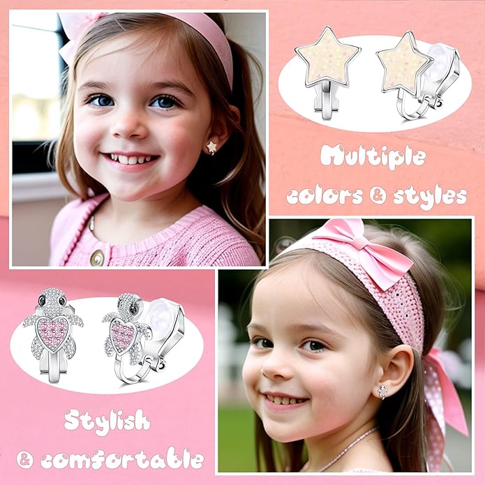 BESTEEL 12 Pairs Clip on Earrings for Women Cute CZ Cat Pearl Star Heart Turtle Butterfly Clip Earring Hypoallergenic Fake Clip-on Stud Non Pierced Earrings Set Multicolored Silver