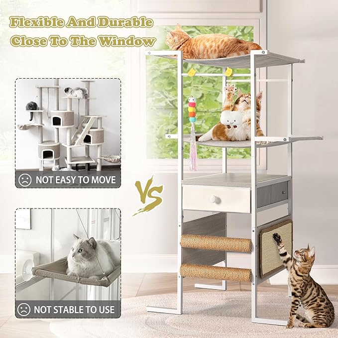Modern Cat Tree with Sisal Scratching Post,Cat Scratcher,Cat Tower with Cat Hammock Bed Perch,Toys,Storage Drawer,Small Cat Tower Tree Stand,Cute Cat Condo for Kittens Medium Cats
