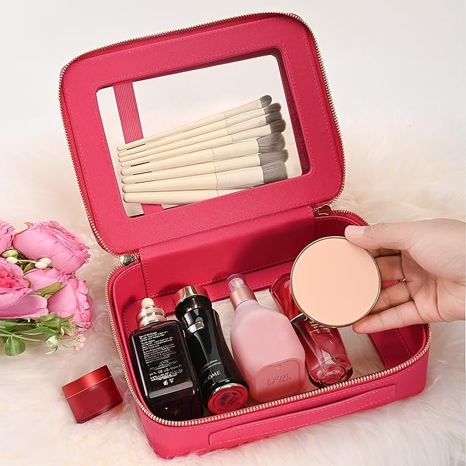 Aveniee Clear Makeup Bags, Double Layer Cosmetic Bags with a Separate Brush Compartment, Large Travel Toiletry Bag Train Case for Women, Travel Accessories Organizer(2 Layers Large, Hotpink)
