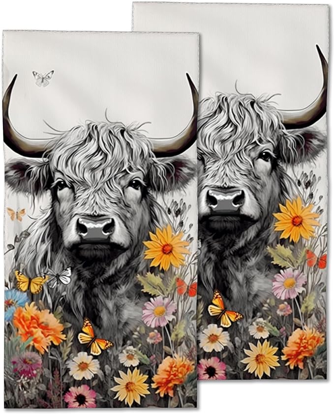 Highland Cow Hand Towels Set of 2,Daisy Flower Soft Fingertip Bath Towel Small Face Washcloths Decor Kitchen Towel for Hotel Spa Gym Sport 28x14in