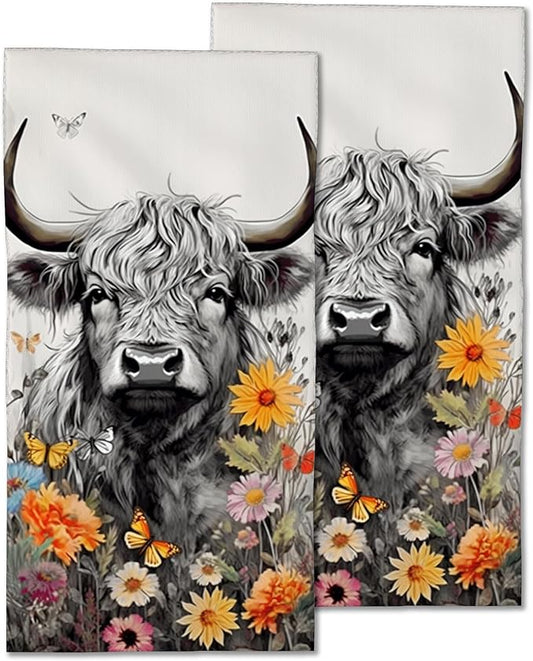 Highland Cow Hand Towels Set of 2,Daisy Flower Soft Fingertip Bath Towel Small Face Washcloths Decor Kitchen Towel for Hotel Spa Gym Sport 28x14in