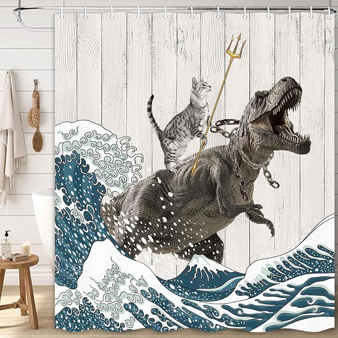 Boziqr Funny Cat Shower Curtain, Cool Cat Dinosaur Japanese Ocean Wave Decor Fabric Bathroom Curtains, Kids Children Rustic Wooden Farmhouse Shower Curtain, 70 X 78 Inches