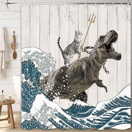 Boziqr Funny Cat Shower Curtain, Cool Cat Dinosaur Japanese Ocean Wave Decor Fabric Bathroom Curtains, Kids Children Rustic Wooden Farmhouse Shower Curtain, 70 X 78 Inches