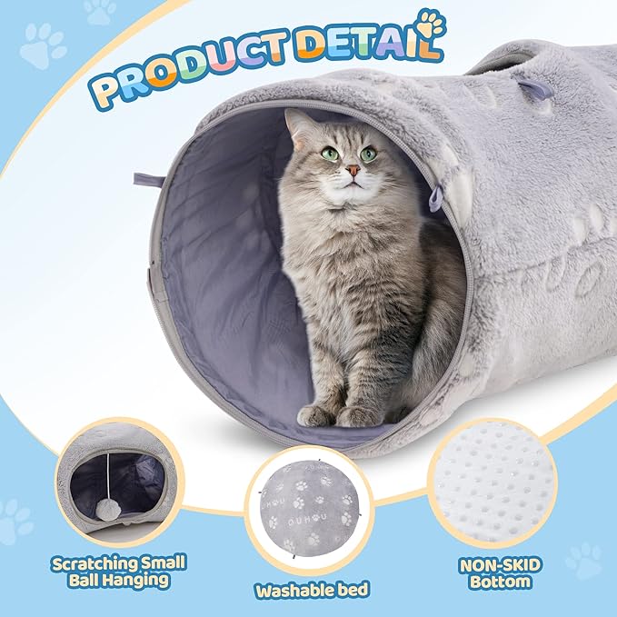 Cat Tunnel Bed with Plush Cover, Cat Tunnels for Indoor Cats, Cat Donut Tunnel with 4 Fluffy Toy Balls, Self-Luminous Cat Tube, Peekaboo Cat Cave for Kittens, Rabbits and Large Pets