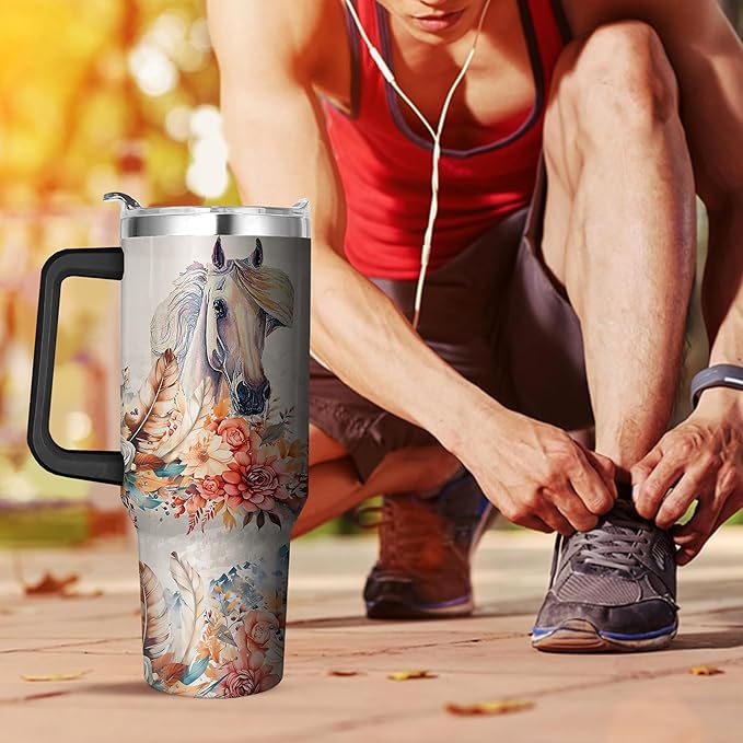 40 Oz Horse Tumbler with Straw and Handle, Double Wall Stainless Steel Horse Mugs for Horse Lovers, Horse Gifts for Women Insulated Horse Cups, 40 Oz Horse Coffee Cup Gifts for Horse Lovers Women