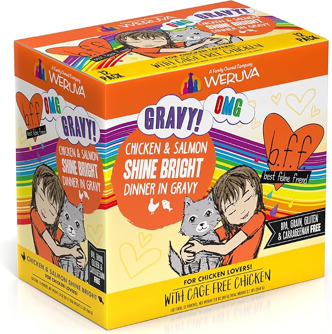Weruva B.F.F. OMG - Best Feline Friend Oh My Gravy!, Chicken & Salmon Shine Bright with Chicken & Salmon in Gravy, 2.8oz Pouch (Pack of 12)