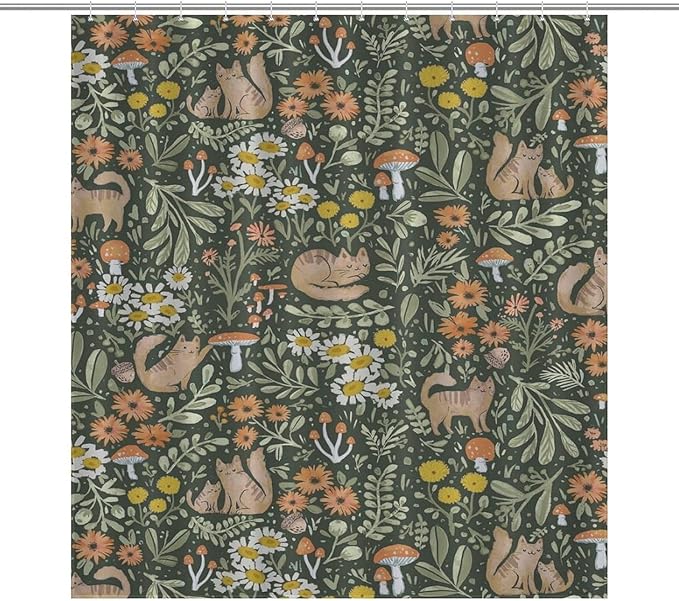 Cartoon Cute Forest Shower Curtains, Fairy Tale Mushroom Cat Flower Floral Leaf Green Pattern Decor Print Bath Drapes Set with Hooks, Waterproof Fabric Windows Treatment for Bathroom, 66x72in