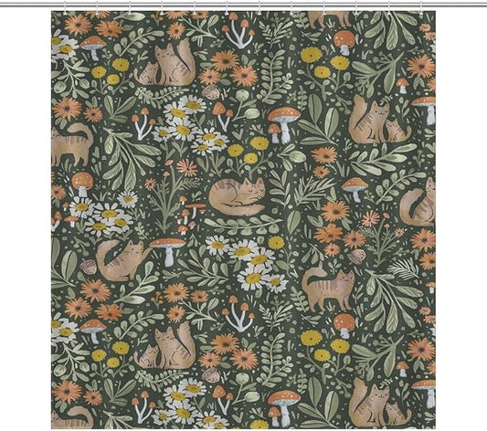 Cartoon Cute Forest Shower Curtains, Fairy Tale Mushroom Cat Flower Floral Leaf Green Pattern Decor Print Bath Drapes Set with Hooks, Waterproof Fabric Windows Treatment for Bathroom, 66x72in