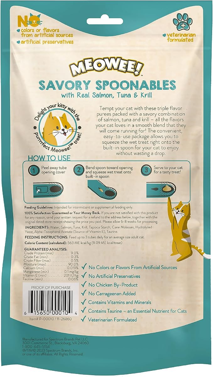 Savory Spoonables with Real Salmon, Tuna and Krill for Cats, 8 Count, Treat Your Cat to Triple Flavor Squeezable Lickable Wet Treats with Built-in Spoon for Less Mess