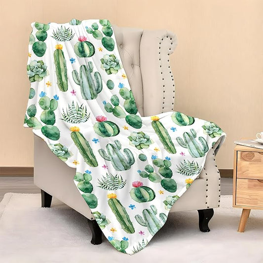 Cactus Blanket Throw 50"X40", Cozy Lightweight Plush Cactus Print Blanket, Gifts for Kids Women