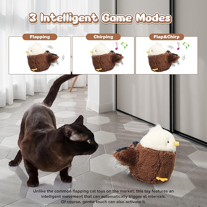 Cat Toys Intelligent Flapping Eaglet, Interactive Cat Toys for Indoor Cats Chase Exercise, Suitable for Cat Teaser Stick, Vivid Chirping, 3 Modes, Rechargeable
