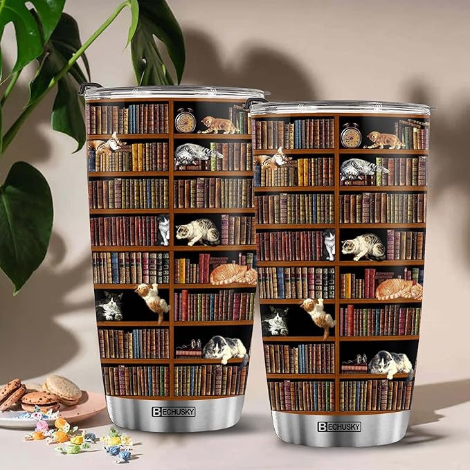 BECHUSKY Cat Library Bookshelf Tumbler - Cat Book Lover Librarian Reading Gift for Friends, Readers, Bookworm, Book Lovers on Birthday, Christmas, Anniversary