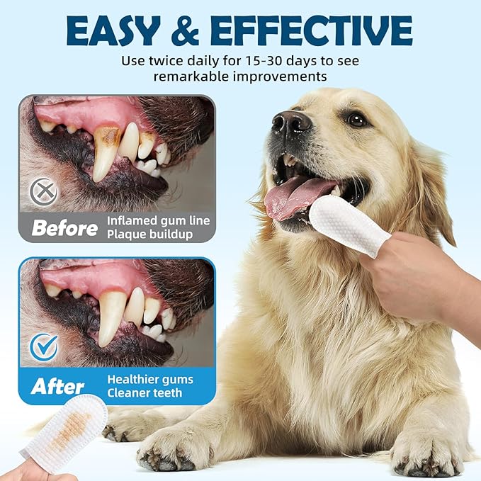 Dog Teeth Cleaning Wipes - Cat & Dog Dental Wipes - Dog Tooth Brushing Kit Dental Finger Wipes Reduces Plaque & Freshens Breath - 58 Count