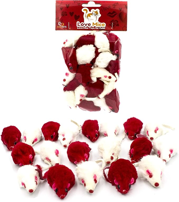 20 I Love You Romantic Cat Mice Toys with Catnip and Rattle Sound Made of Real Rabbit Fur Interactive Catch Play Mouse Toy for Cat, for St Valentine's Day, Anniversary, New Year