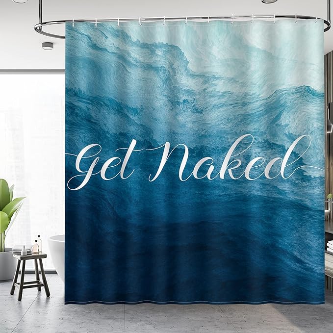 Aimego Get Naked Shower Curtain Gradual Tie Dye Blue Ombre Funny Art Font Theme Shower Curtain Set with 12 Hooks for Bathroom Decor Accessories Bathtub Curtain, 72"x72"