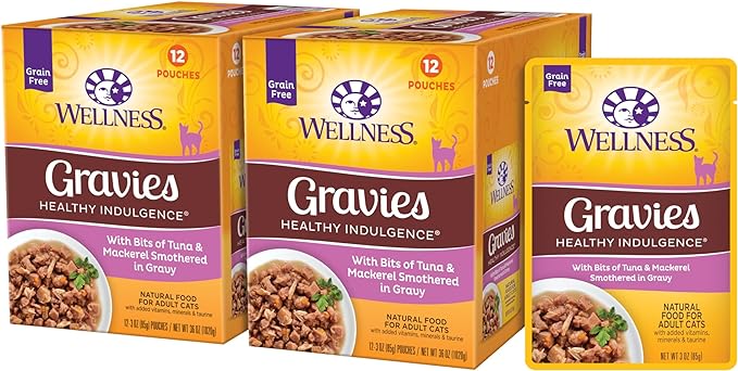Wellness Complete Health Healthy Indulgence Gravy Adult Wet Cat Food, Natural, Protein-Rich, Grain Free, 3 Ounce Pouches, 24 Pack, (Tuna & Mackeral)