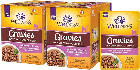 Wellness Complete Health Healthy Indulgence Gravy Adult Wet Cat Food, Natural, Protein-Rich, Grain Free, 3 Ounce Pouches, 24 Pack, (Tuna & Mackeral)