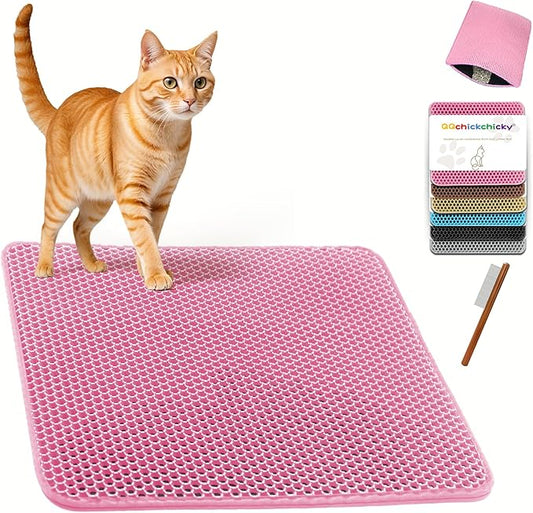 2025 𝗡𝗘𝗪 Waterproof Cat Litter Mat | Double Layer EVA, Odor-Free Large Grid | Urine Proof & Easy Cleanup | Soft on Paws | Versatile Design for Litter and Feeding (Pink, 18×25)