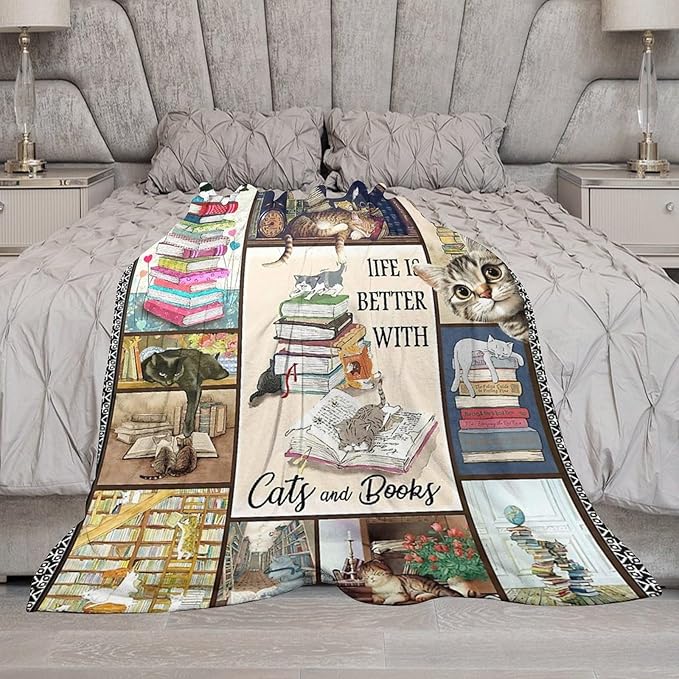 Read Blanket Cat Gifts for Reader Girls Boys Woman Kids Cat Lover Reading Book Throw Blankets Soft Blanket Warm Fleece Flannel Plush Blankets for Bed Sofa Couch 50"x60"