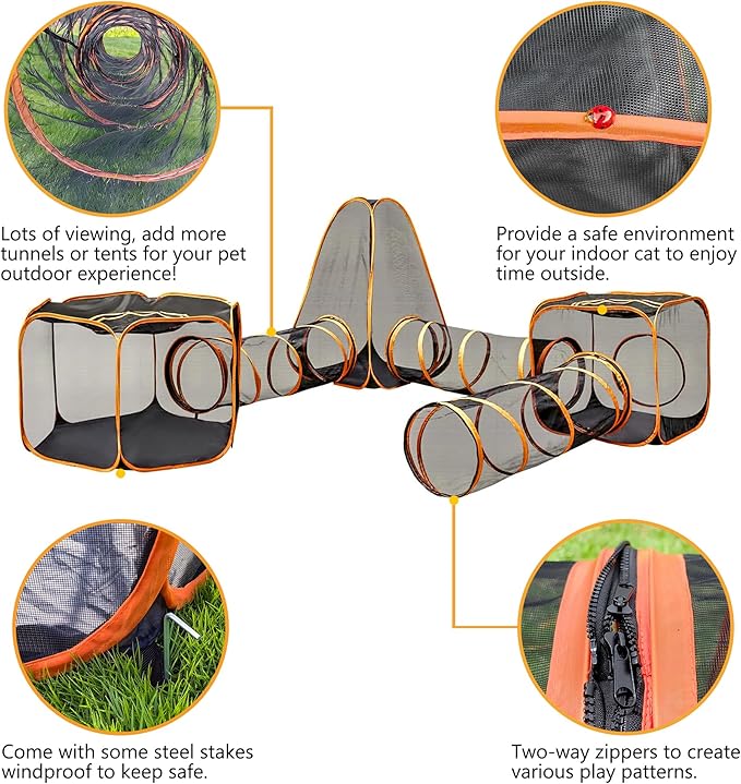 Kimruule Outdoor Cat Enclosures, 6-in-1 Cat Tent Outside with Cat Tunnels for Indoor Cats, Large Cat Playpen Outdoor with Cat Toys for Cats Rabbits Ferrets Dogs and Small Animals