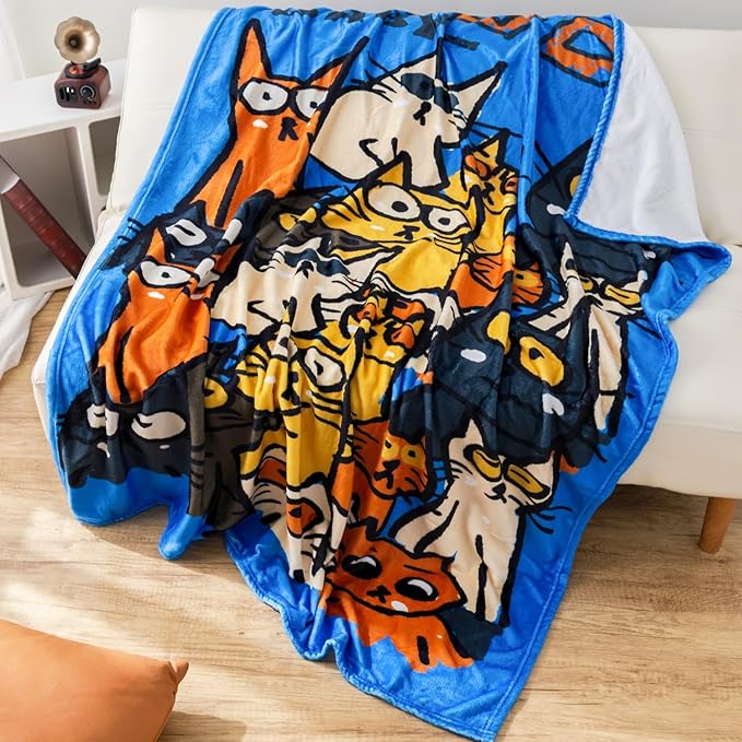 2025 Best Gift Cat Original Designer Throw Blanket, Warm Soft Cute Cat Lover Gifts for Women, Cat Mom Gifts for Cat Lovers, Funny Cat Themed Gifts Blanket for Kids, Birthday Christmas, Blue
