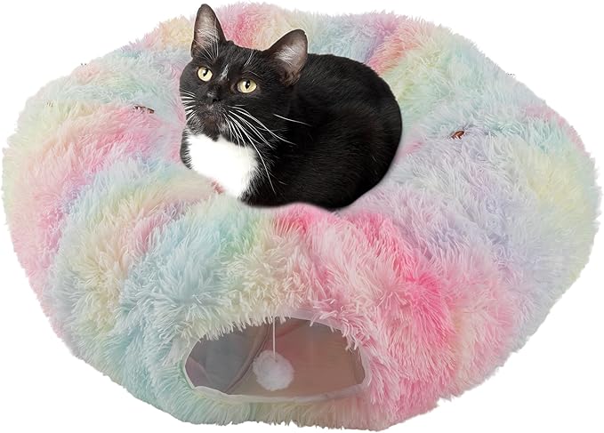 Cat Tunnel with Cat Bed for Indoor Cats - 3FT Multifunctional Cat Tunnel Bed with Cat Toys - Soft, Plush Peekaboo Cat Cave for Kittens, Cats, Ferrets, and Rabbits - Cat Products by PETMAKER (Multi)
