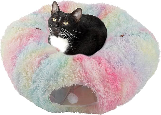 Cat Tunnel with Cat Bed for Indoor Cats - 3FT Multifunctional Cat Tunnel Bed with Cat Toys - Soft, Plush Peekaboo Cat Cave for Kittens, Cats, Ferrets, and Rabbits - Cat Products by PETMAKER (Multi)
