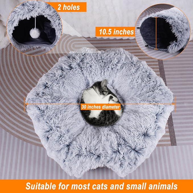 Cat Tunnel Bed for Indoor Cats，Large cat Donut Tunnel 3 Forms Peekaboo cat cave with Washable Cushion Multifunctional Cat Toys for Cats Rabbit,Cat Bed + Cat Tunnel+Cat Toys (Cat Tunnel Bed no Plush)