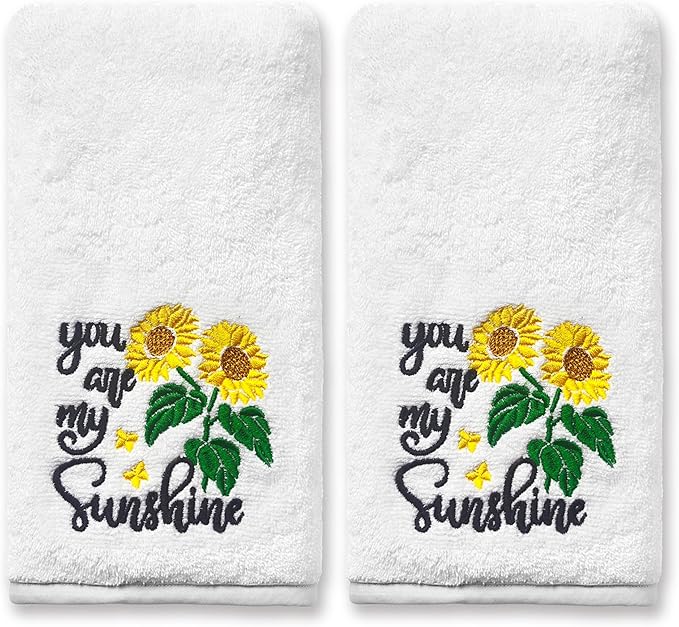 Sunflower Hand Towels - Set of 2, Embroidered 'You Are My Sunshine' Pattern, 100% Cotton Soft Towels for Kitchen & Bath, 14x30 Inches