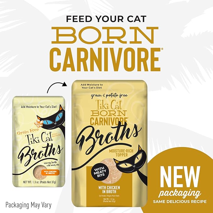 Tiki Cat Born Carnivore Broths, Chicken Recipe, Hydration and Flavor Supplement Cat Food Topper, 1.3 oz. Pouch (Pack of 12)