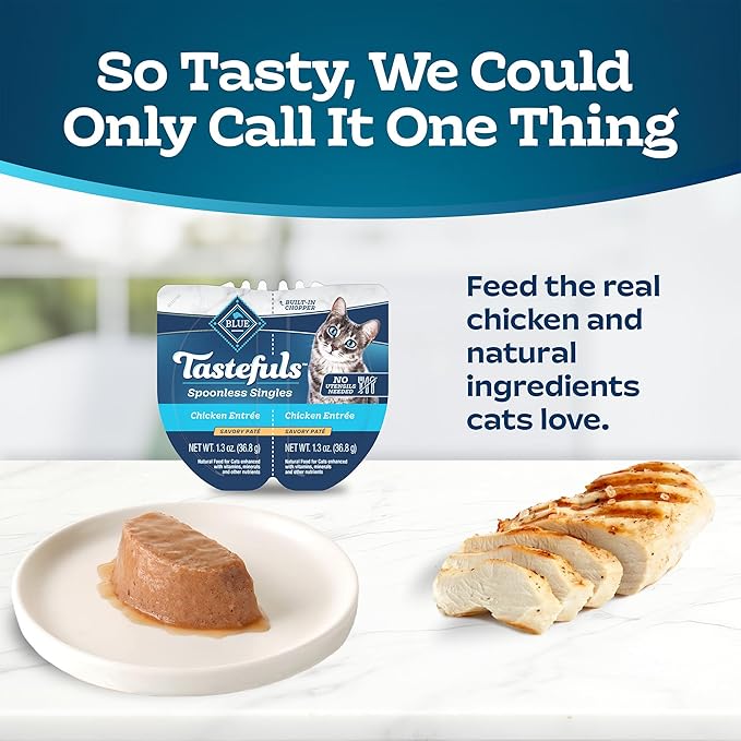 Blue Buffalo Tastefuls Spoonless Singles Natural Wet Cat Food Paté, Perfectly Portioned Cups, 2.6-oz. Twin-Pack Trays, Chicken Entreé (24 Count)