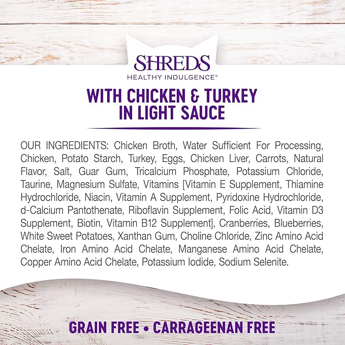 Wellness Healthy Indulgence Shreds Grain-Free Wet Cat Food, Made with Natural Ingredients and Quality Proteins, Complete and Balanced Meal, 3 oz Pouches (Chicken & Turkey in Light Sauce, 24 Pack)