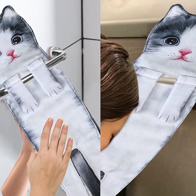 Cat Funny Hand Towels for Bathroom Kitchen- Cute Decorative Kitten Decor Hanging Face Towels- Unique Housewarming Valentines Mothers Birthday Gifts for Women Mom Cat Lovers