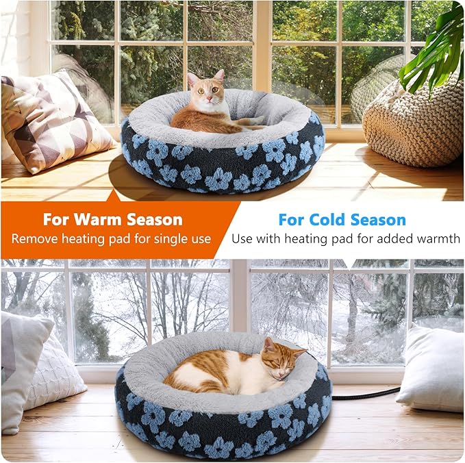 INVENHO Heated Cat Bed, Heated Cat Beds for Indoor Cats and Small Dogs, 20" Cozy Donut Heated Pet Bed with Timer & Temp Adjustable, Removable Waterproof Electric Warming Bed for Indoor Cat