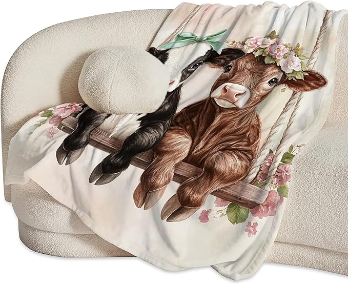 Cute Ultra Soft Cozy Swing Blanket - Fleece Fuzzy Plush Cattle Cow Lovers Decor Gifts for Women Girls Adults - 60"x50"